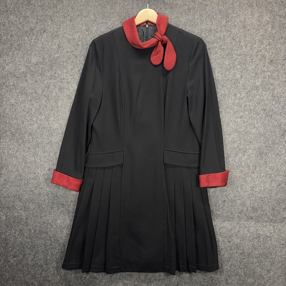 True Vintage Pleated Dress Black Red Bow Collar Long Sleeve Shift Stewardess
